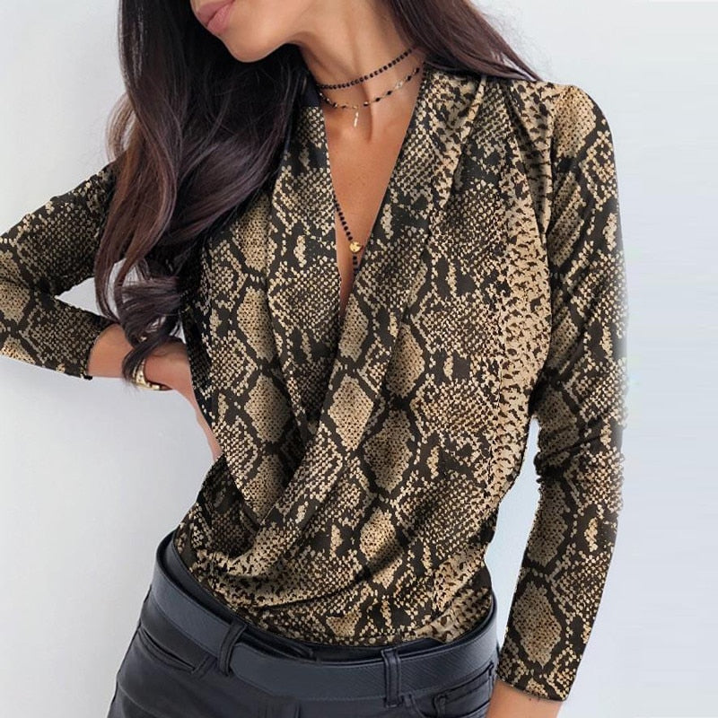woman Long Sleeve Deep V-neck Shirt