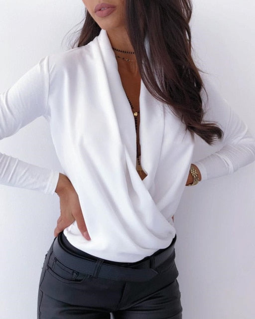woman Long Sleeve Deep V-neck Shirt