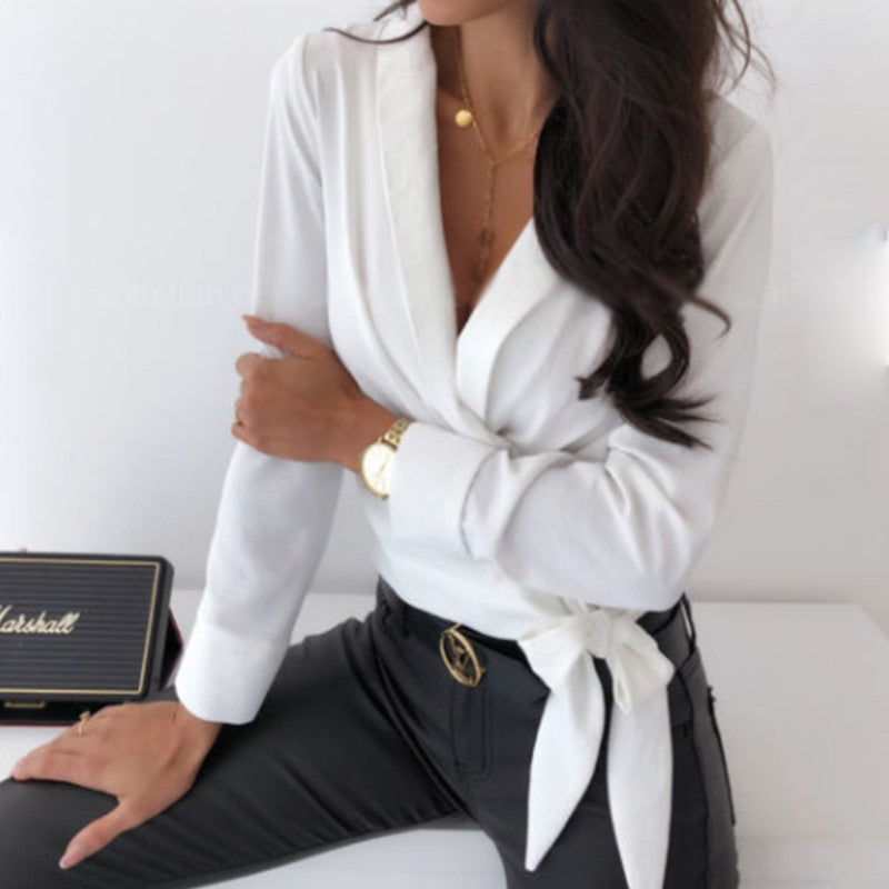 woman Long Sleeve Deep V-neck Shirt