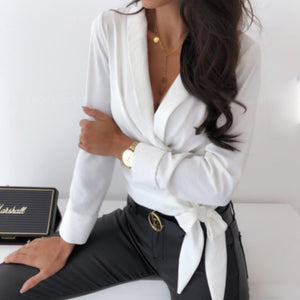 woman Long Sleeve Deep V-neck Shirt