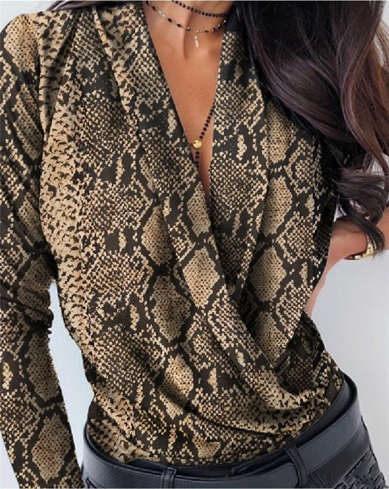 woman Long Sleeve Deep V-neck Shirt