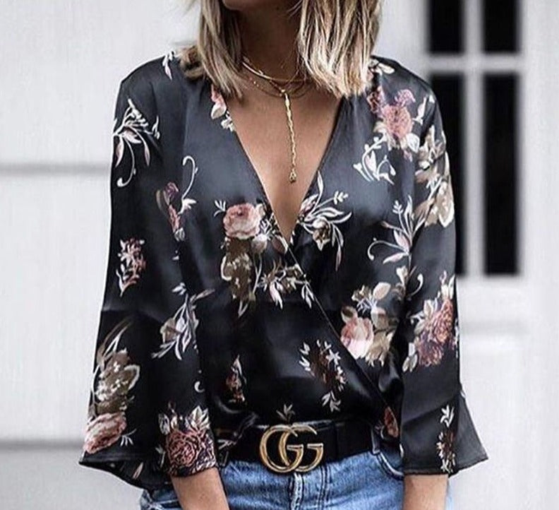Ladies Long Sleeve V neck Loose Top