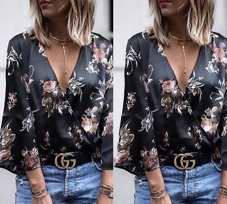 Ladies Long Sleeve V neck Loose Top