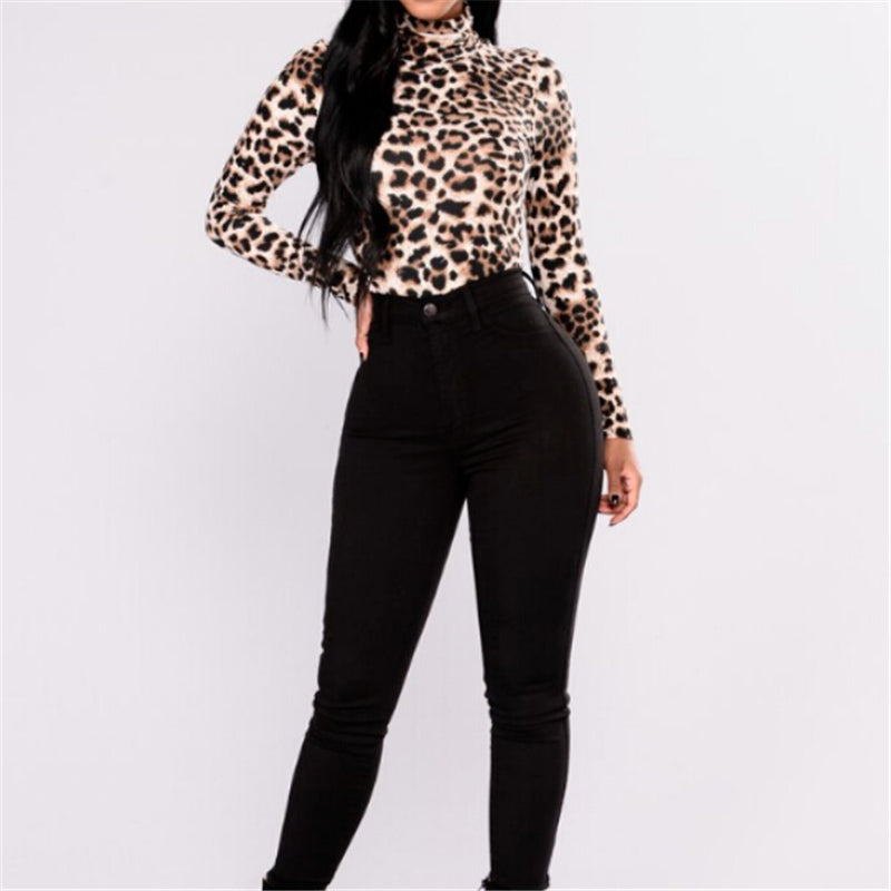 Leopard Print Shirt Turtleneck Top