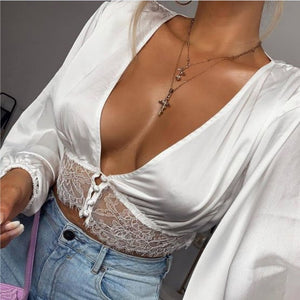 Women Deep V Neck Top Long Sleeve