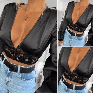 Women Deep V Neck Top Long Sleeve