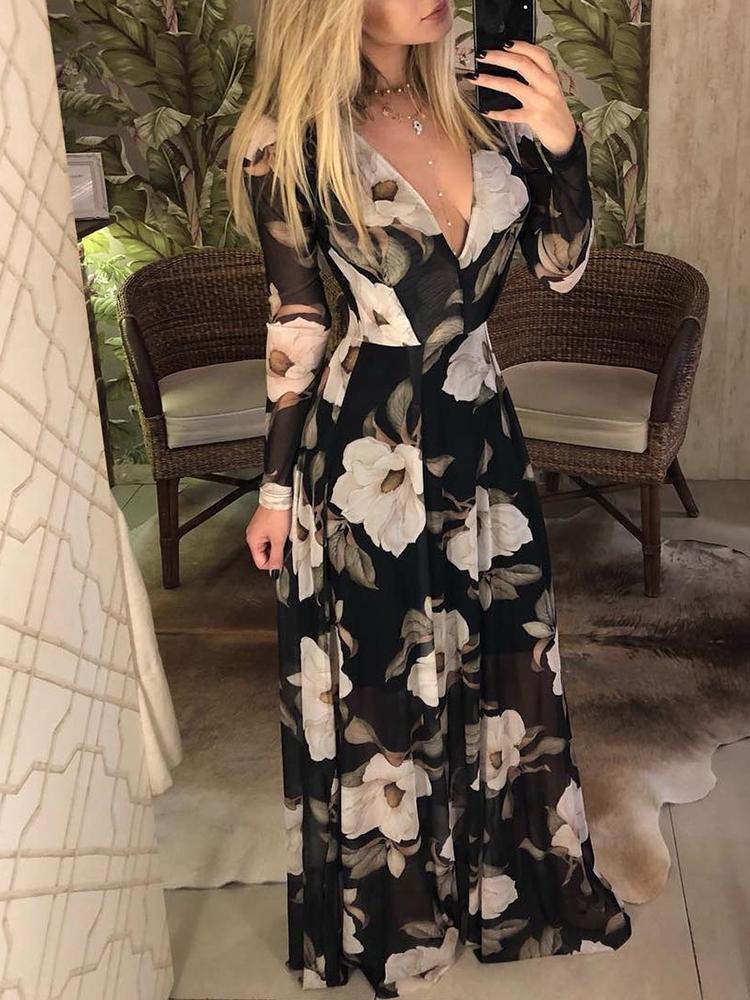 Sexy Party Long Sleeve V-Neck Maxi Dress