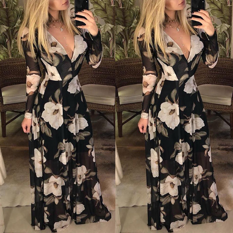 Sexy Party Long Sleeve V-Neck Maxi Dress