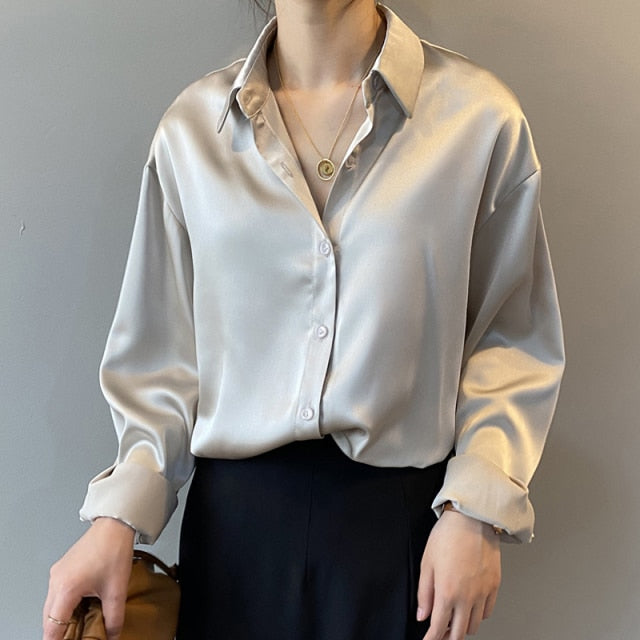 women Button Up Satin Silk Shirt