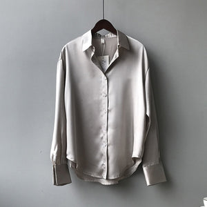 women Button Up Satin Silk Shirt