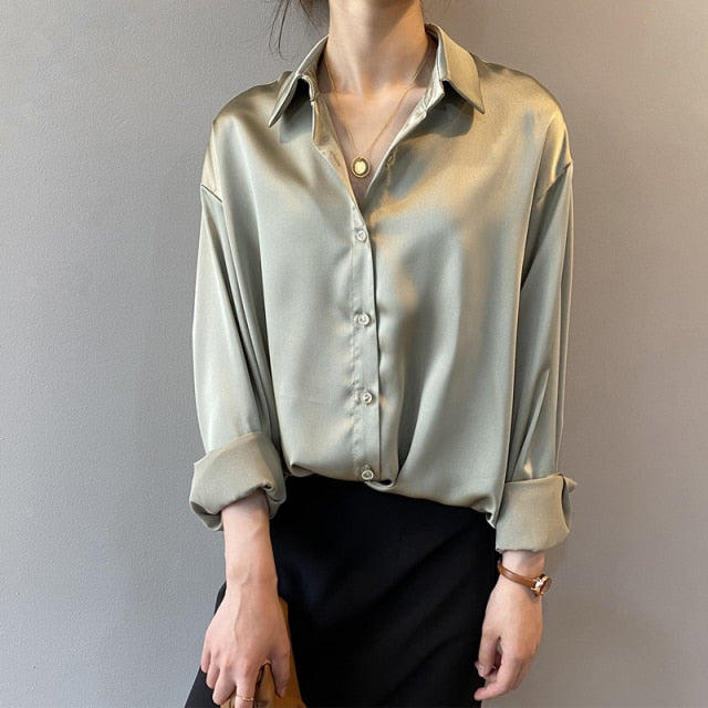 women Button Up Satin Silk Shirt