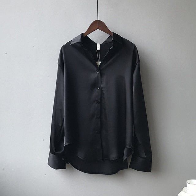 women Button Up Satin Silk Shirt