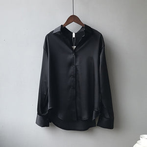 women Button Up Satin Silk Shirt