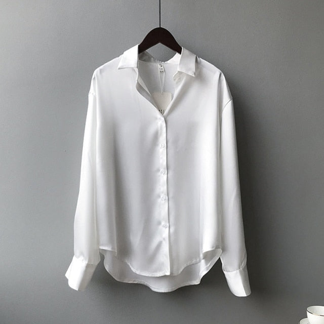 women Button Up Satin Silk Shirt