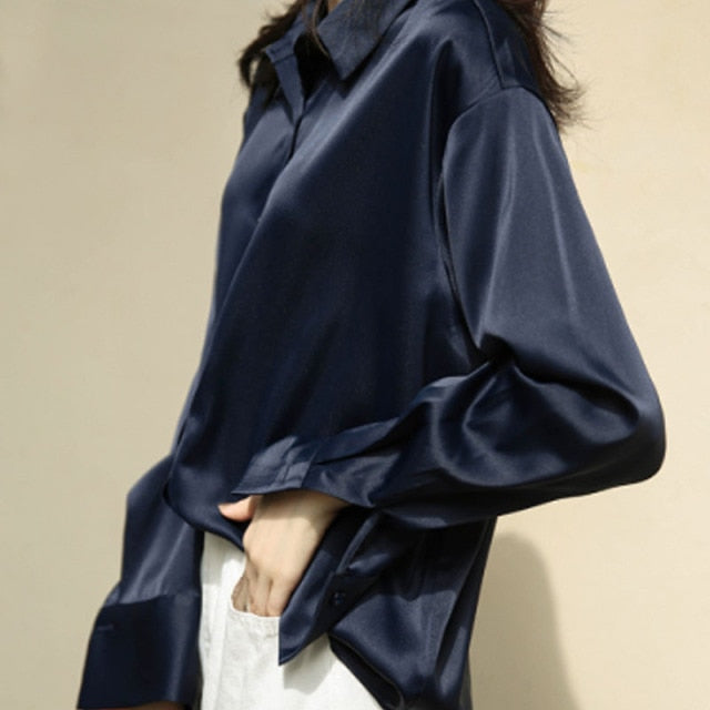 women Button Up Satin Silk Shirt