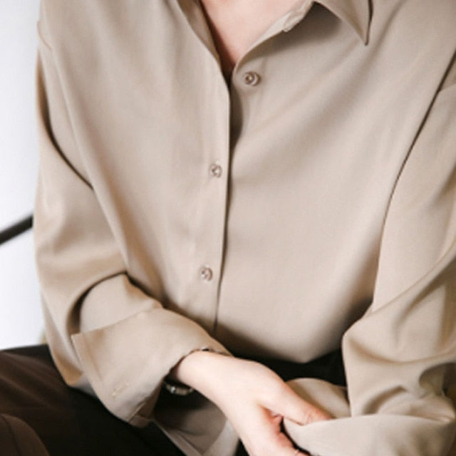 women Button Up Satin Silk Shirt