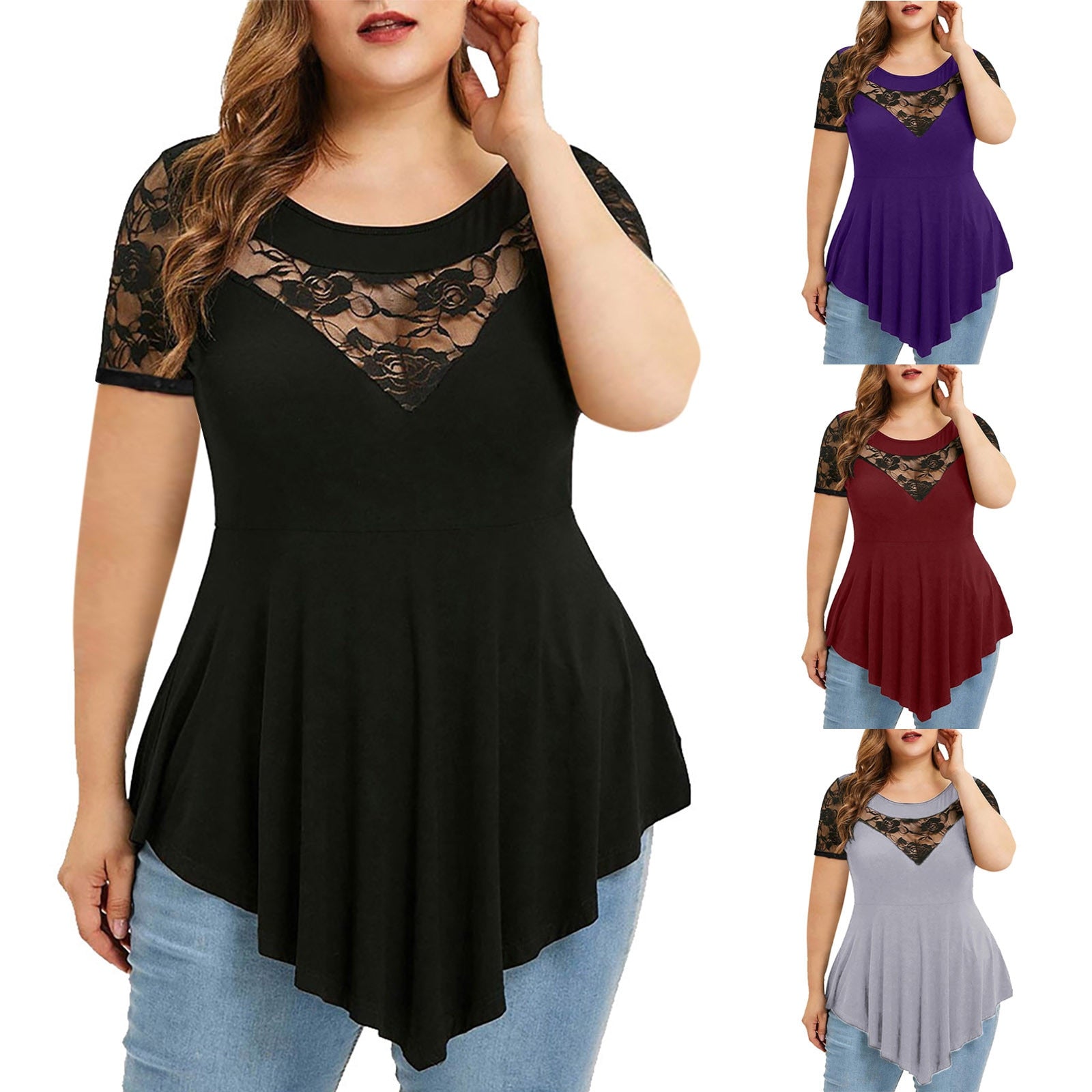 Floral Lace O-Neck AsymmetricPlus Size   Shirt