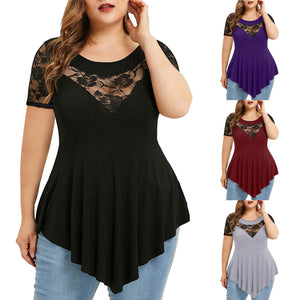 Floral Lace O-Neck AsymmetricPlus Size   Shirt