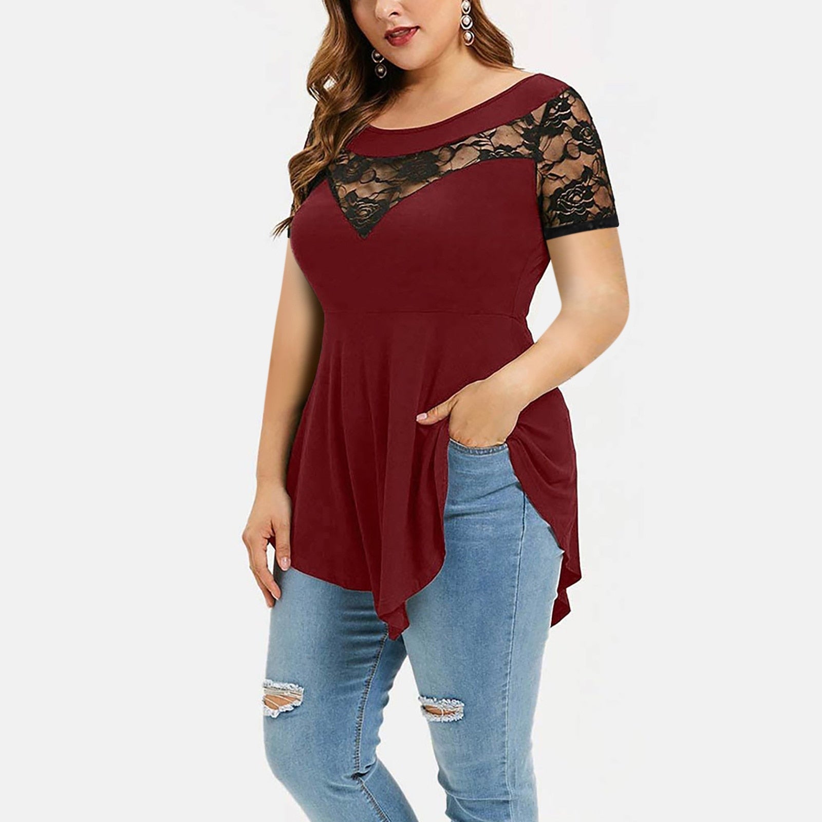 Floral Lace O-Neck AsymmetricPlus Size   Shirt