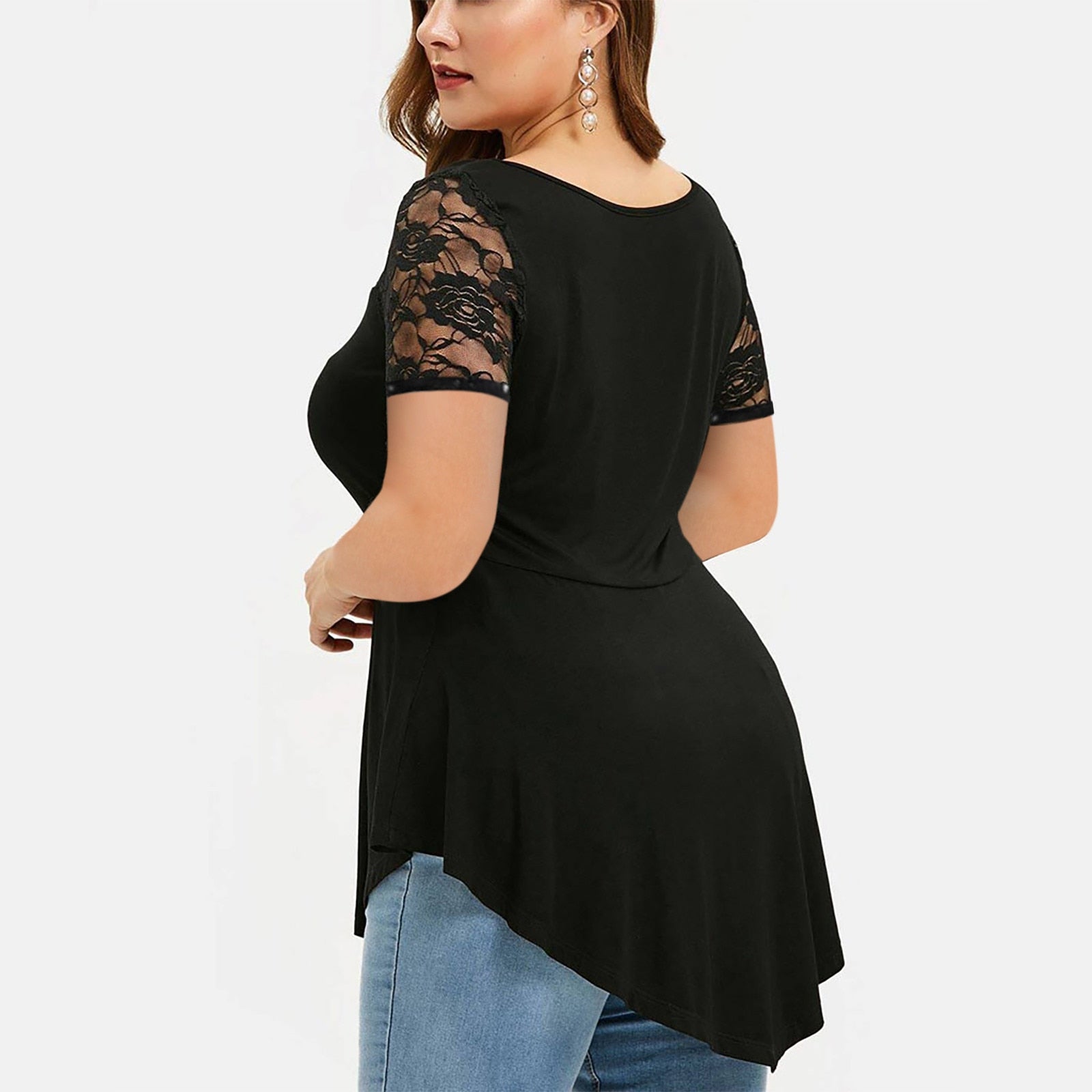 Floral Lace O-Neck AsymmetricPlus Size   Shirt