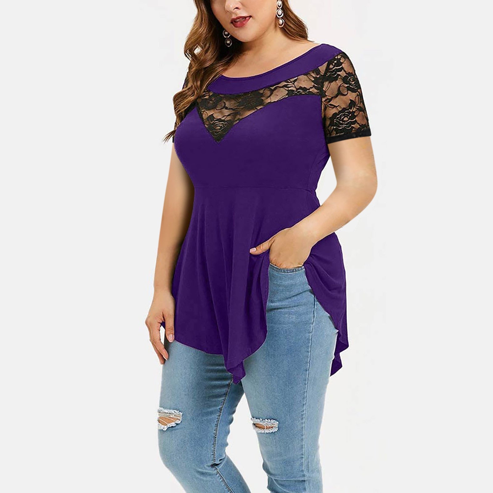 Floral Lace O-Neck AsymmetricPlus Size   Shirt