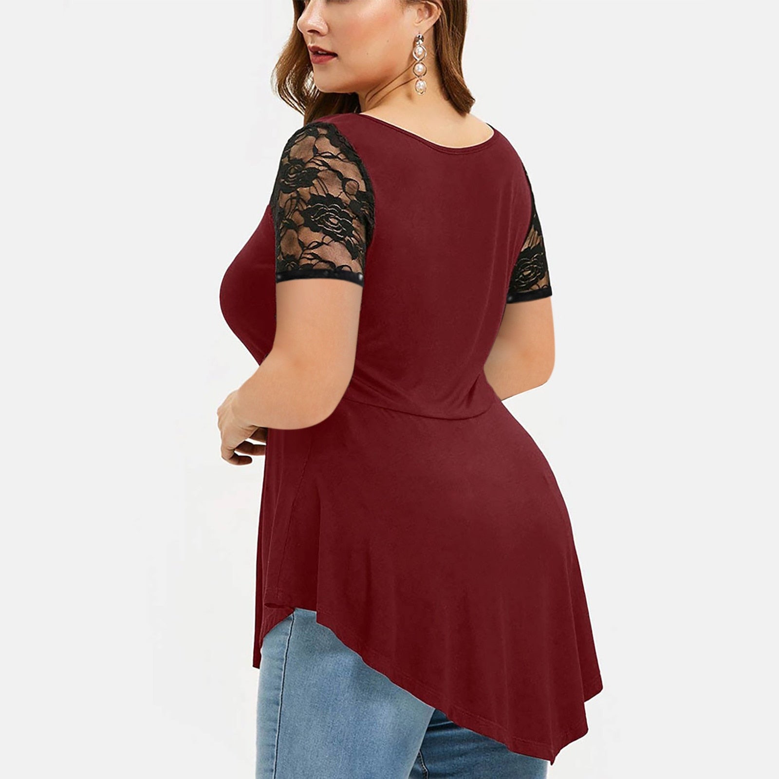 Floral Lace O-Neck AsymmetricPlus Size   Shirt