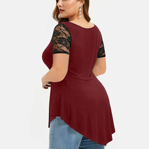 Floral Lace O-Neck AsymmetricPlus Size   Shirt