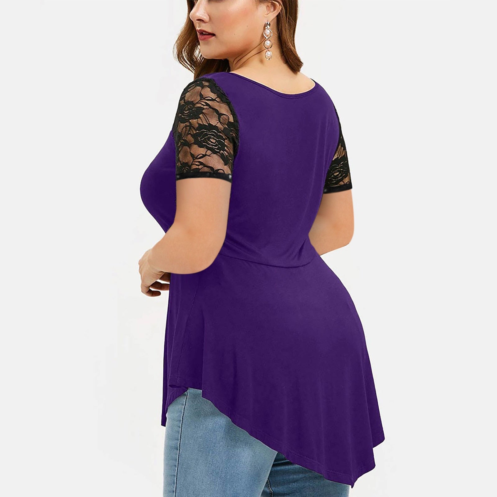 Floral Lace O-Neck AsymmetricPlus Size   Shirt