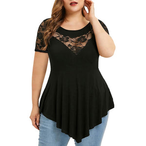 Floral Lace O-Neck AsymmetricPlus Size   Shirt
