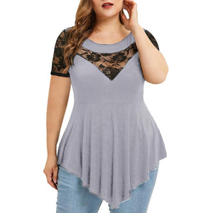 Floral Lace O-Neck AsymmetricPlus Size   Shirt
