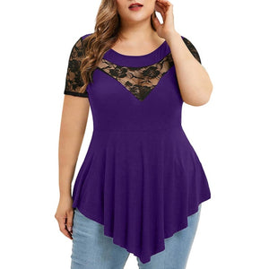 Floral Lace O-Neck AsymmetricPlus Size   Shirt