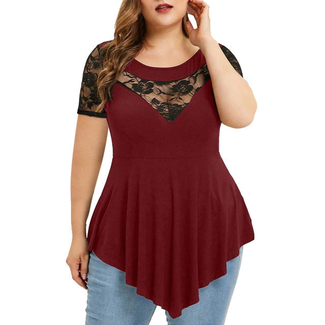 Floral Lace O-Neck AsymmetricPlus Size   Shirt