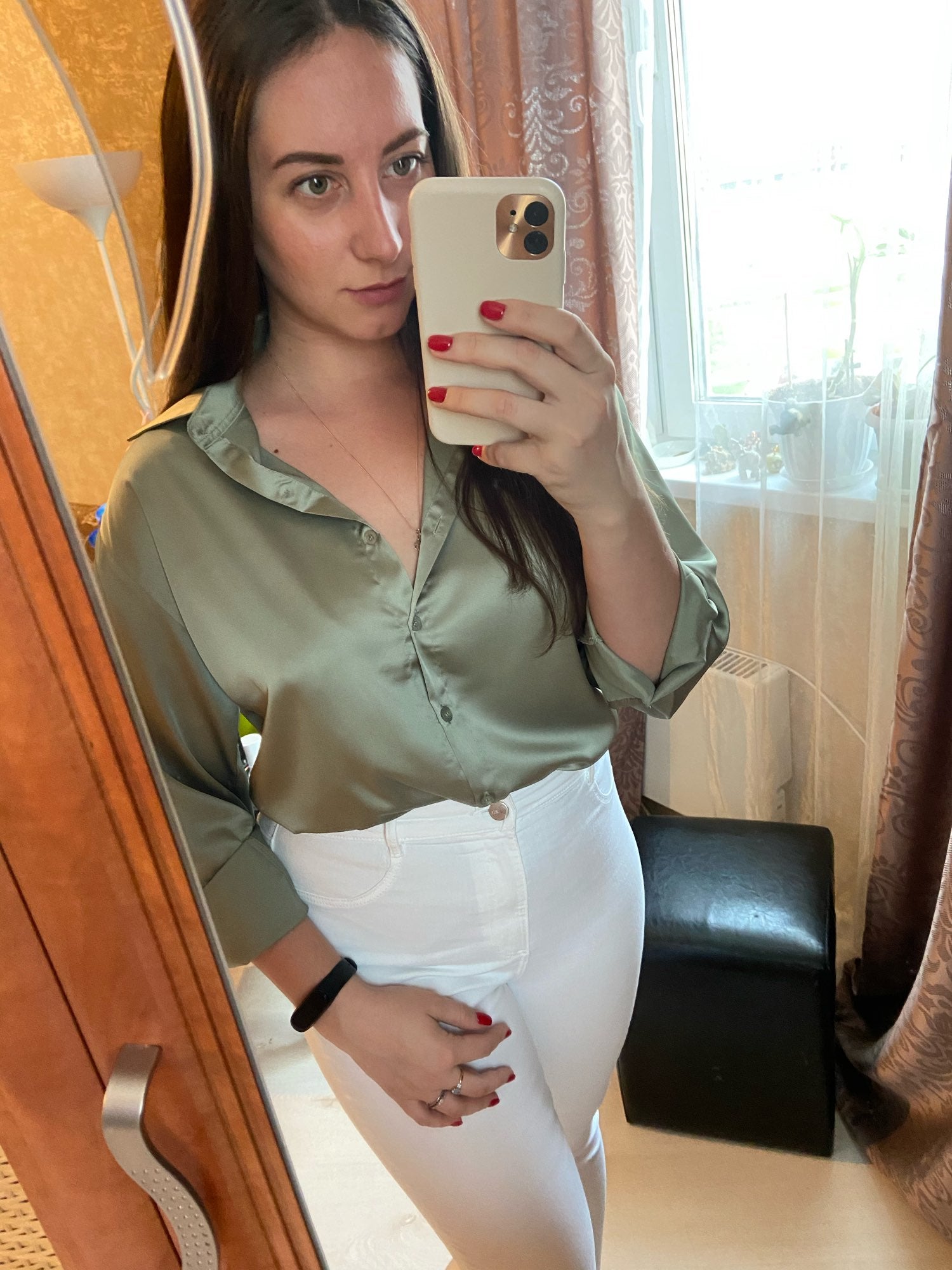 women Button Up Satin Silk Shirt