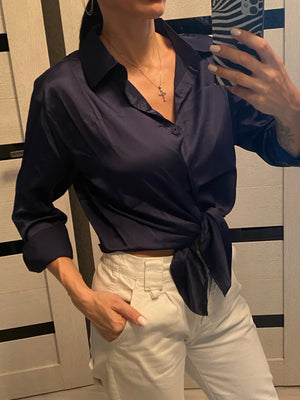 women Button Up Satin Silk Shirt
