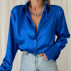 women Button Up Satin Silk Shirt