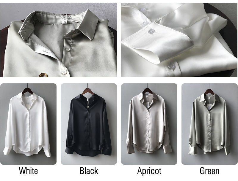 women Button Up Satin Silk Shirt