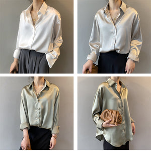 women Button Up Satin Silk Shirt