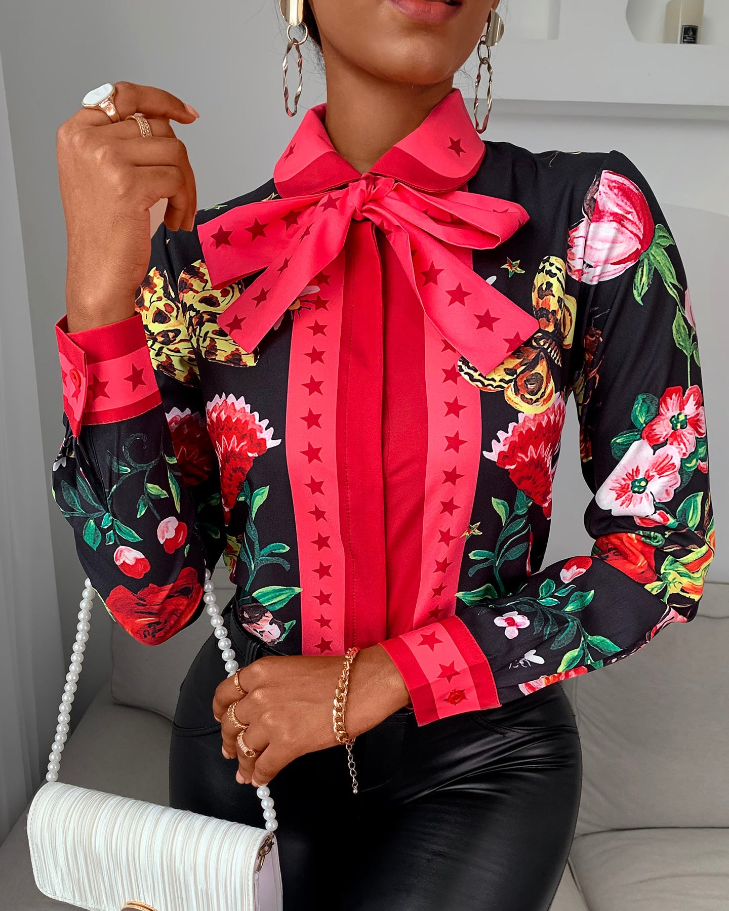 Turn-down Collar Chiffon Neck tie Shirt