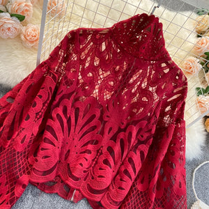 High Collar Lace Hollow Out lantern Sleeve Blouse