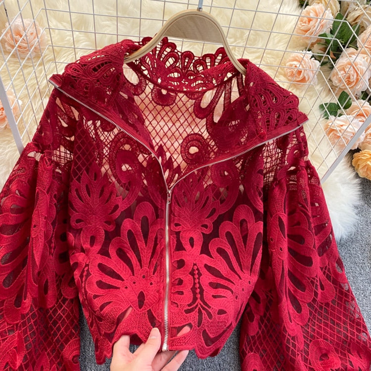 High Collar Lace Hollow Out lantern Sleeve Blouse