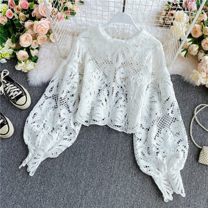 High Collar Lace Hollow Out lantern Sleeve Blouse