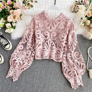 High Collar Lace Hollow Out lantern Sleeve Blouse