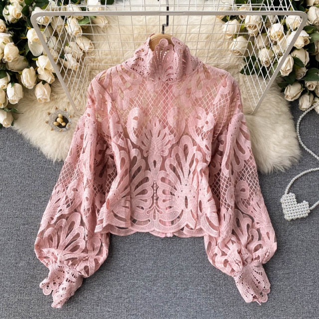 High Collar Lace Hollow Out lantern Sleeve Blouse
