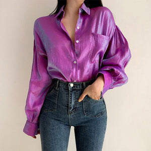 Loose Lady Turn-down Collar  Shirt